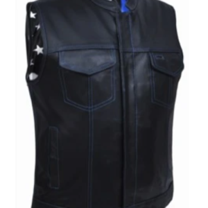 Leather Motorcycle Vest - Men's - Up To 5XL - USA Flag Liner - Thin Blue Line - 6670-00-UN