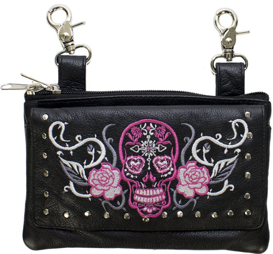 Leather Belt Bag - Hot Pink - Sugar Skull Roses - Handbag - BAG35-EBL14-PINK-DL