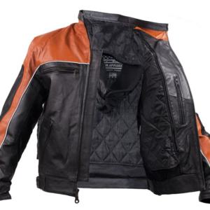 Leather Motorcycle Jacket - Men's -  Orange and Black - MJ780-ORG-DL