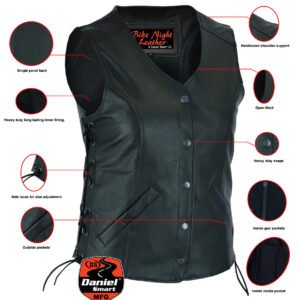 Leather Vest - Women's - Longer Body - Side Laces - Gun Pockets - DS206-DS