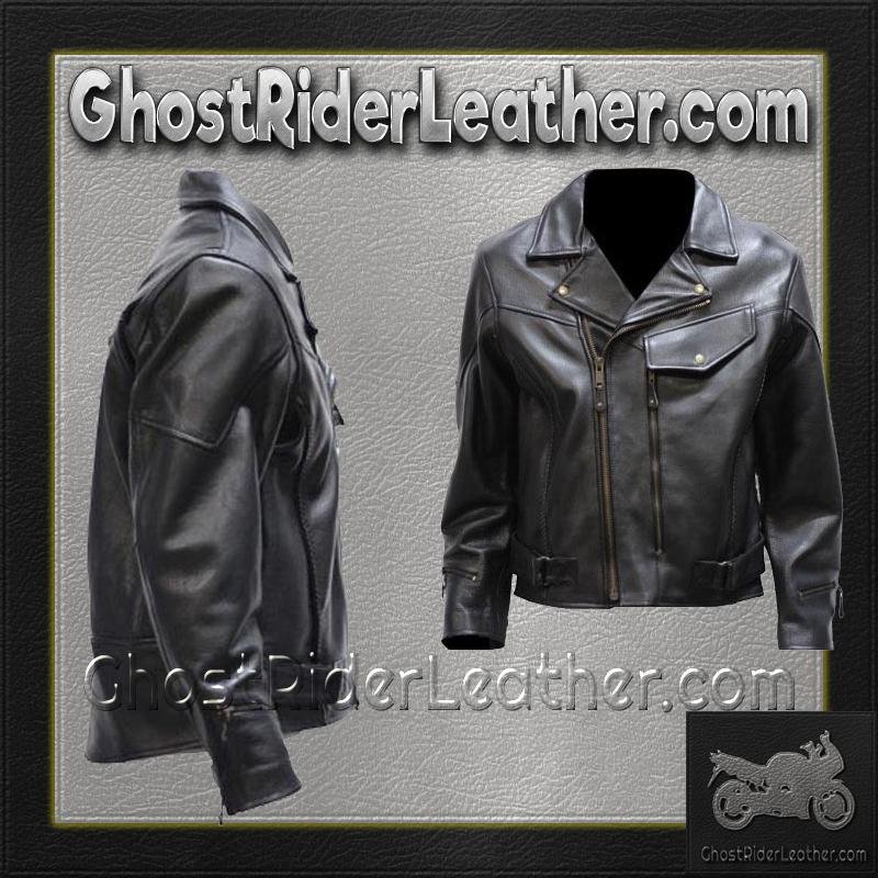 Mens Braided Pistol Pete Premium Leather Motorcycle Jacket - SKU MJ708-DL