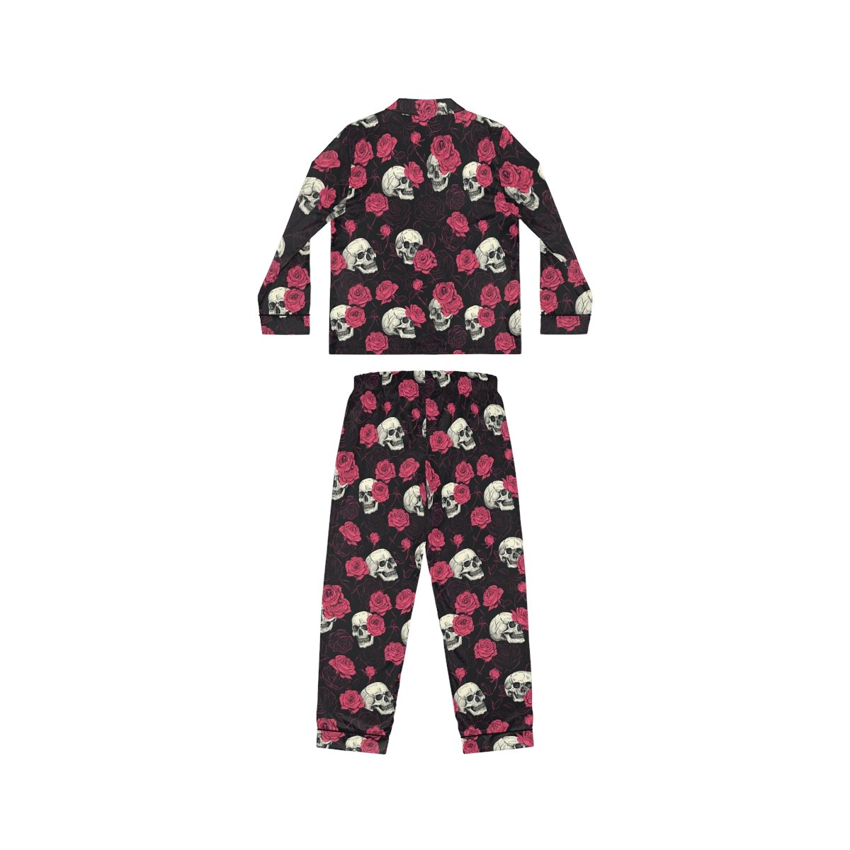 Skulls and Roses - Pink White on Black - Women's Satin Pajamas (AOP)