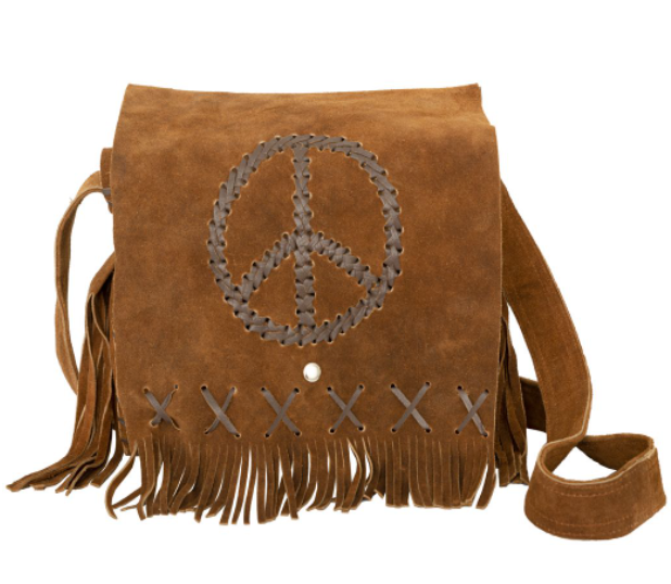 Brown Suede Leather Purse - Peace Sign - Fringe - Handbag - AC2050-DL