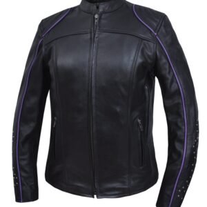 UNIK Ladies Racer Style Leather Motorcycle Jacket With Purple Wings - 6824-17-UN