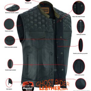 Leather Motorcycle Vest - Men's - Up To Size 8XL - Diamond Quilting - Big and Tall - DS199-DS