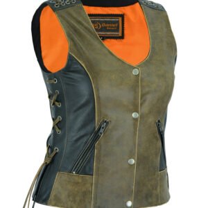 Women's Two Tone Leather Vest With Grommet and Lacing Accents - DS298-DS