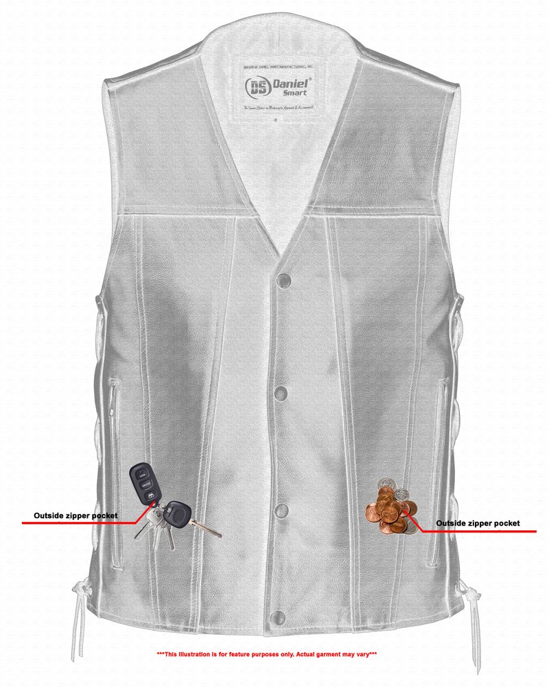 Leather Motorcycle Vest - Men's - Gun Pockets - Side Laces - Up To 9XL - DS105-DS