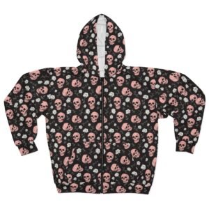 Sugar Skulls and Roses - Pink White on Black - Unisex Zip Hoodie (AOP)