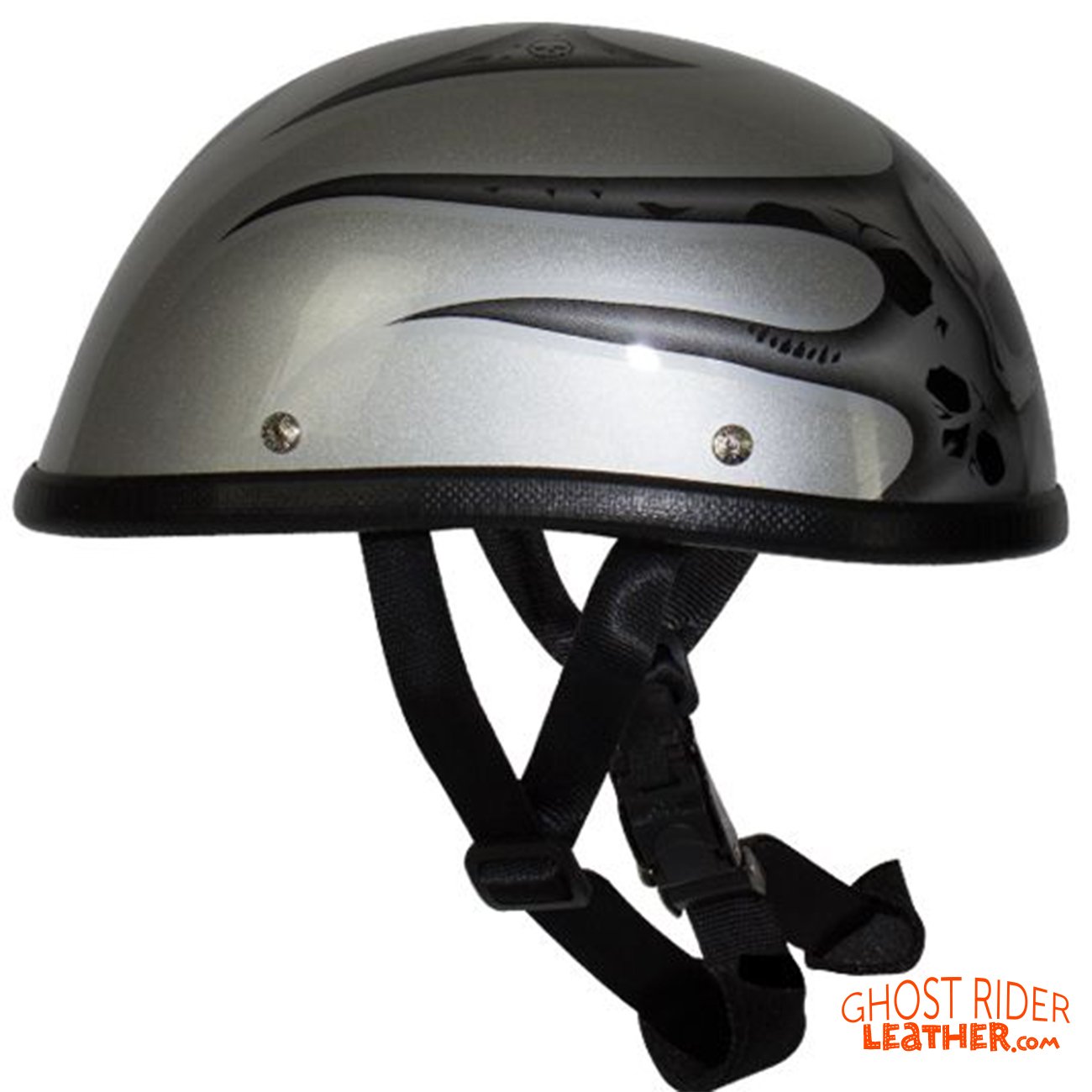 Novelty Motorcycle Helmet - Silver Skulls - Silver Flames - H401-D4-SILVER-DL