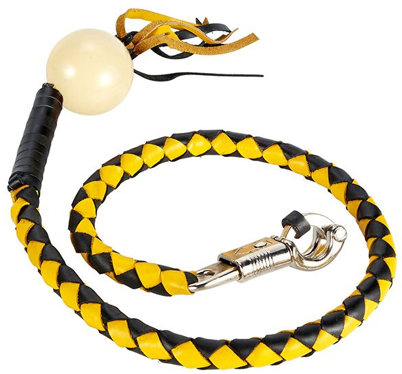 Get Back Whip in Black and Yellow Leather - With White Cue Ball - 42 Inches - Motorcycle Accessories - SKU GBW8-WHITE-BALL-DL