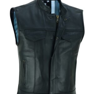 Leather Motorcycle Vest - Men's - Flag and Skull Lining - Club - Up To 8XL - DS193-DS
