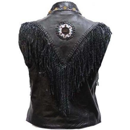 Women's Black Leather Western Style Beadwork and Bones Vest - SKU LV428-DL