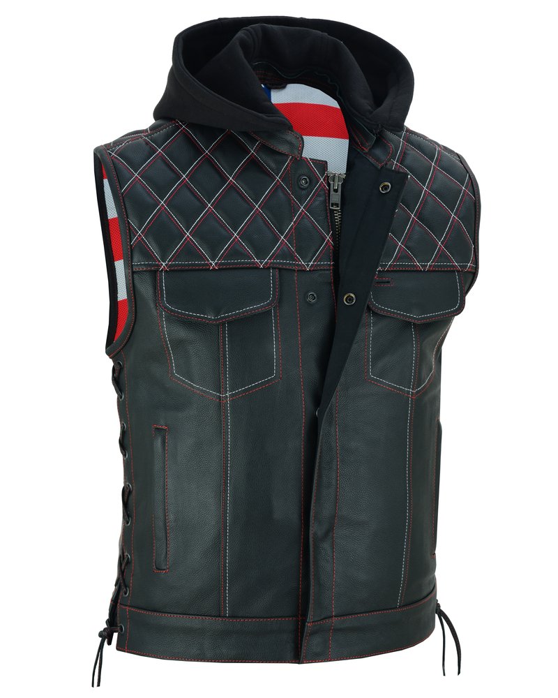 Leather Motorcycle Vest - Men's - Road Edge - USA Flag Liner - Hoodie - Up To 8XL - DS194-DS