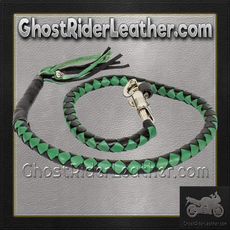 Get Back Whip in Black and Green Leather - Motorcycle Accessories - SKU GRL-GBW4-11-DL