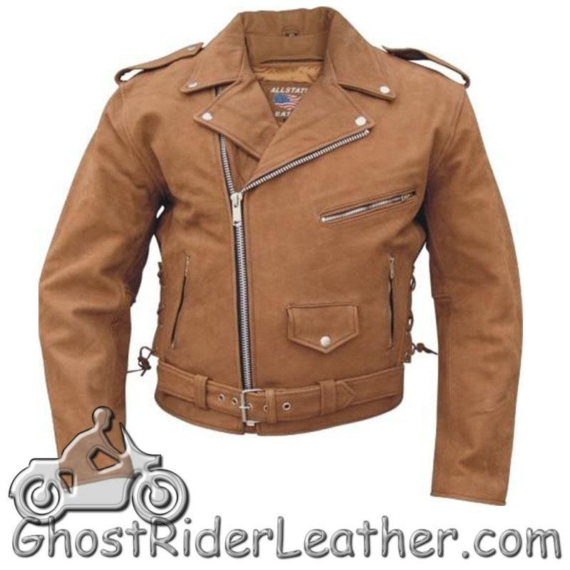 Men's Classic Style Brown Leather Motorcycle Jacket With Free Gloves- Up To Size 60 - SKU AL2015-AL