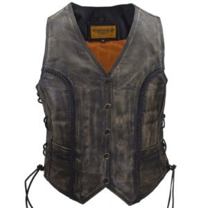 Leather Motorcycle Vest - Women's - Distressed Brown - Longer - LV221-12-LONG-DL