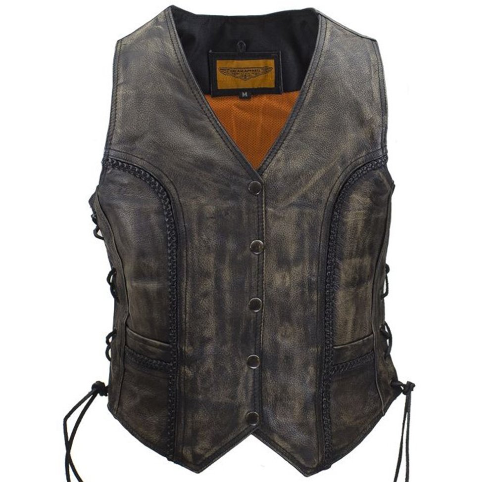 Leather Motorcycle Vest - Women's - Distressed Brown - Longer - LV221-12-LONG-DL