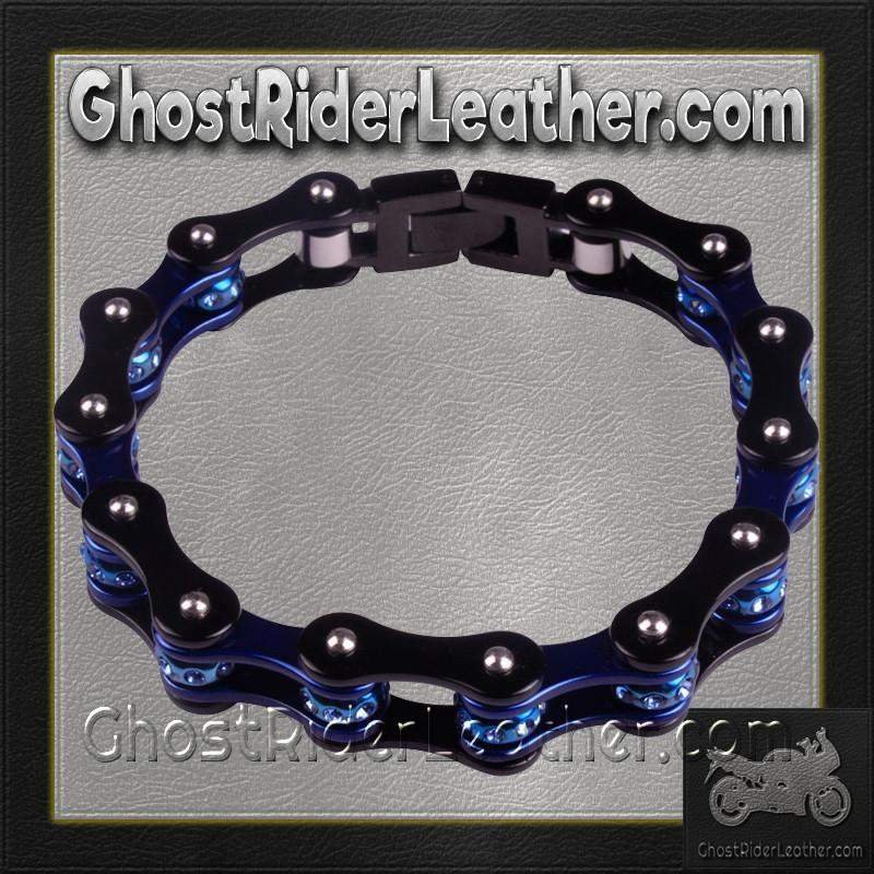 Black and Blue Motorcycle Chain Bracelet with Gemstones - BR42-DL