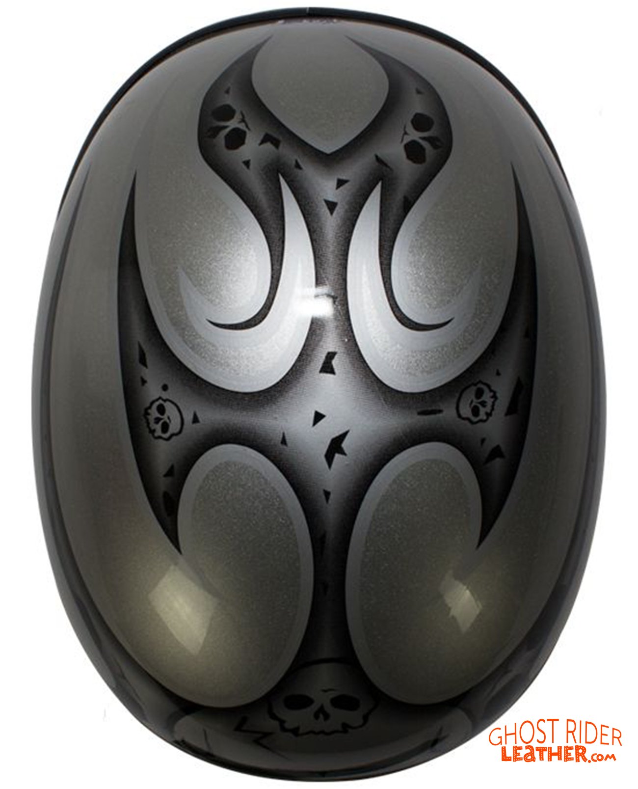 Novelty Motorcycle Helmet - Silver Skulls - Silver Flames - H401-D4-SILVER-DL