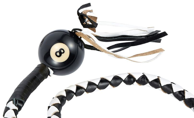 Get Back Whip - Black and White Leather - With Black 8 Ball - 42 Inches - SKU GBW7-BALL8-DL