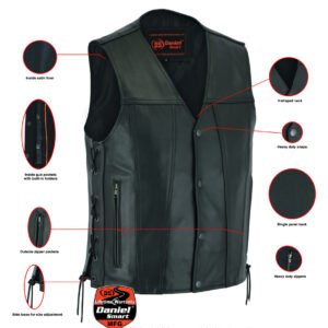 Leather Motorcycle Vest - Men's - Gun Pockets - Side Laces - Up To 9XL - DS105-DS