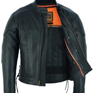 Men's Leather Motorcycle Jacket - Side Laces - Ventilated - Gun Pockets - DS777-DS