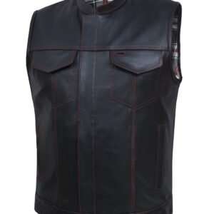 Leather Motorcycle Vest - Men's -  Black and Red Flannel Liner - 6664-01-UN