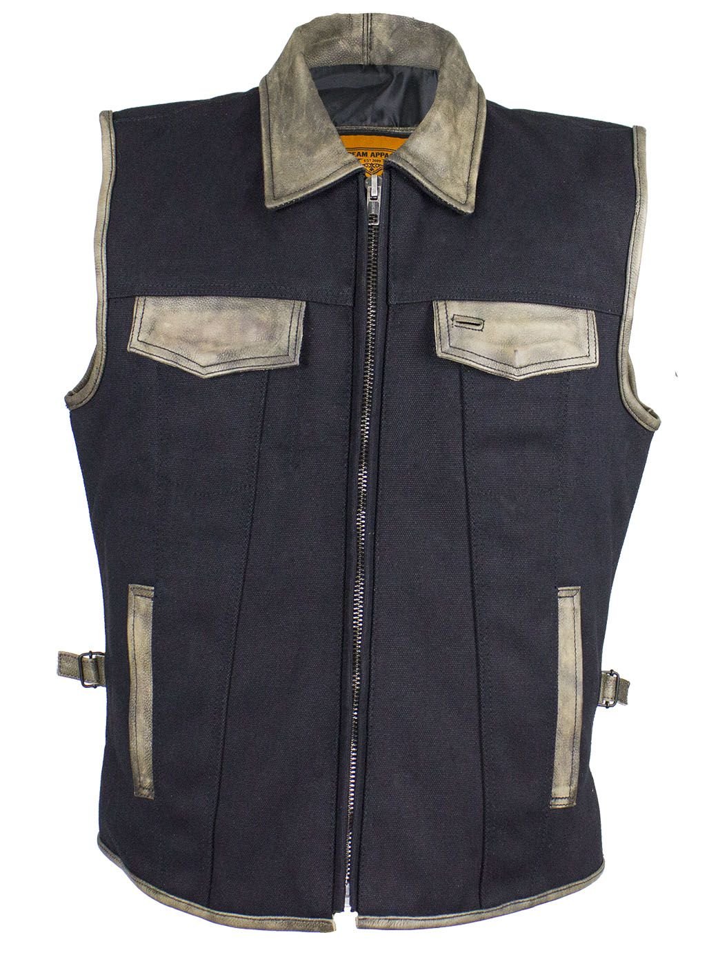 Canvas and Leather Motorcycle Vest - Men's - Distressed Brown - MV8010-CV12-DL