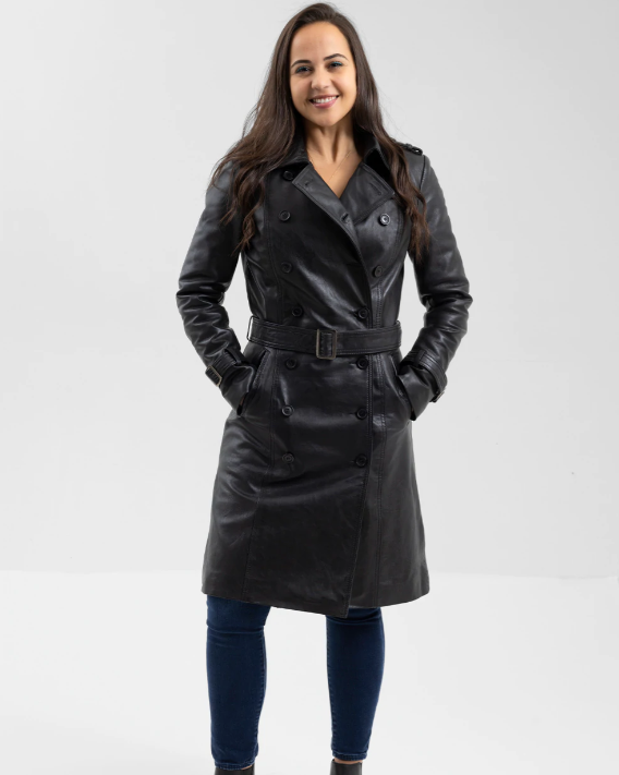 Black Leather Trench Coat - Women's - Olivia - WBL3071-FM