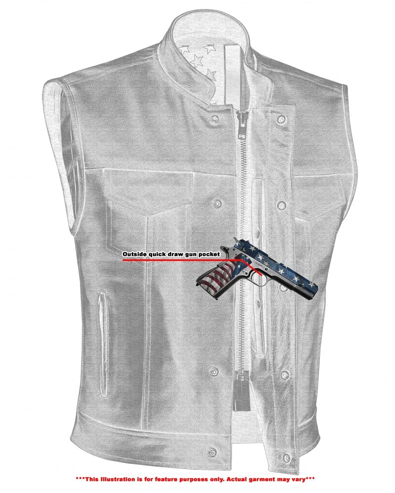 Leather Motorcycle Vest - Men's - Flag and Skull Lining - Club - Up To 8XL - DS193-DS