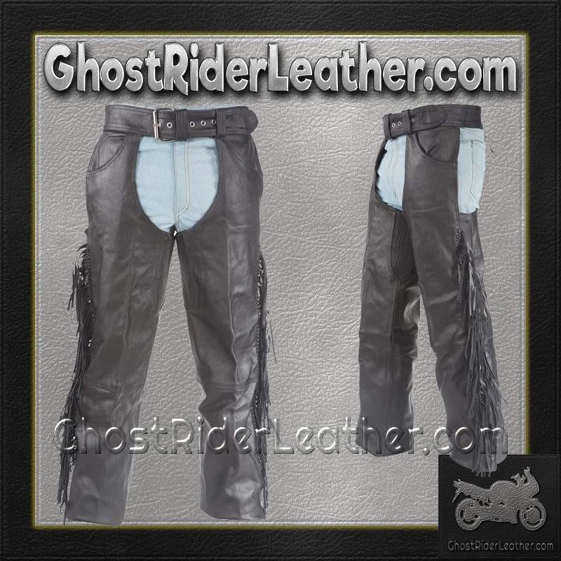 Mens Ladies Unisex Leather Chaps with Braid and Fringe - SKU C337-04-DL