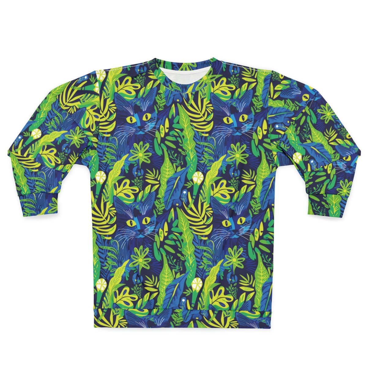 Cat Hiding in the Plants - Blues Greens Yellow - Multi Colors - Unisex Sweatshirt
