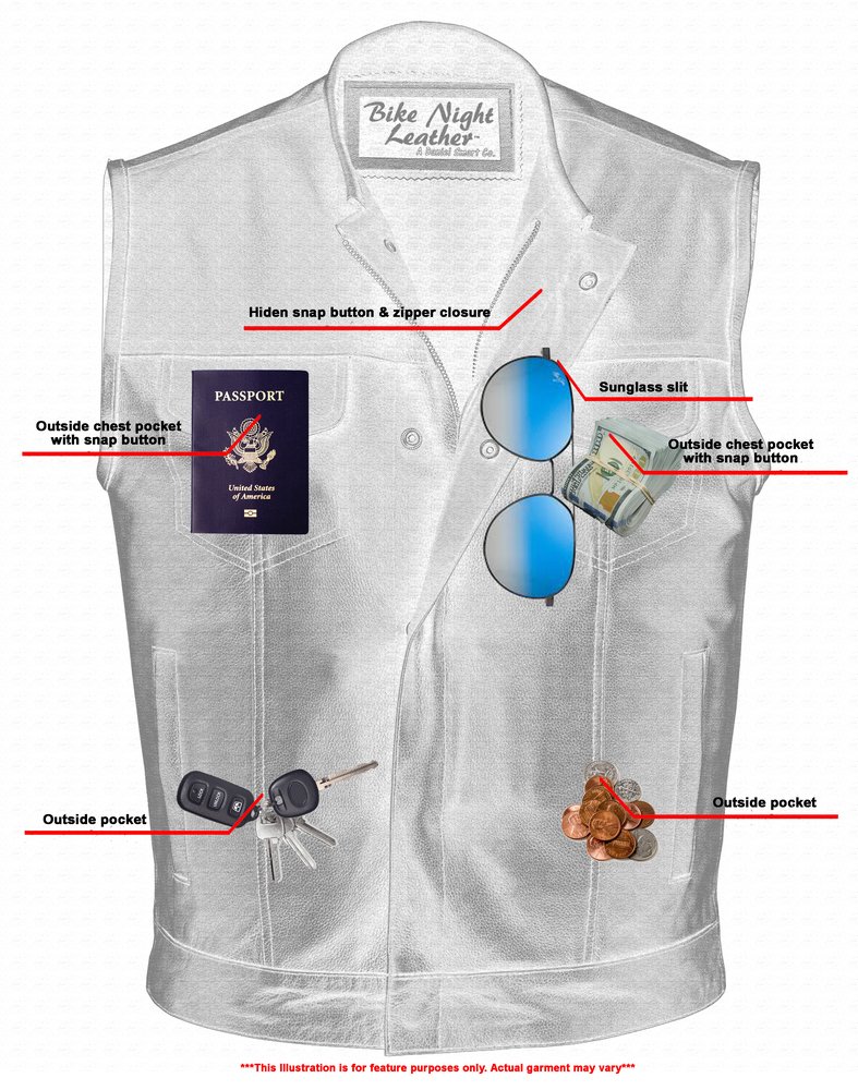 Leather Motorcycle Vest - Men's - Gun Pockets - Up To 12XL - No Collar - Big and Tall - AM9193-DS