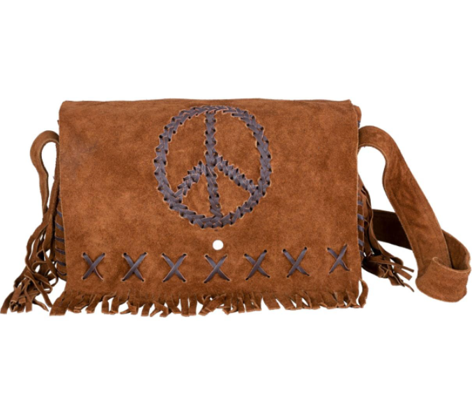 Brown Suede Leather Purse - Peace Sign - Fringe - Handbag - Large - AC2051-DL