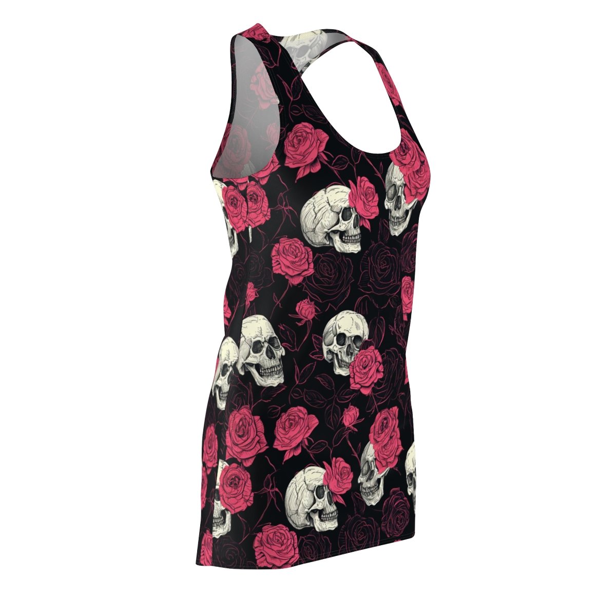Skulls and Roses - Pink White on Black - Women's Cut & Sew Racerback Dress (AOP)