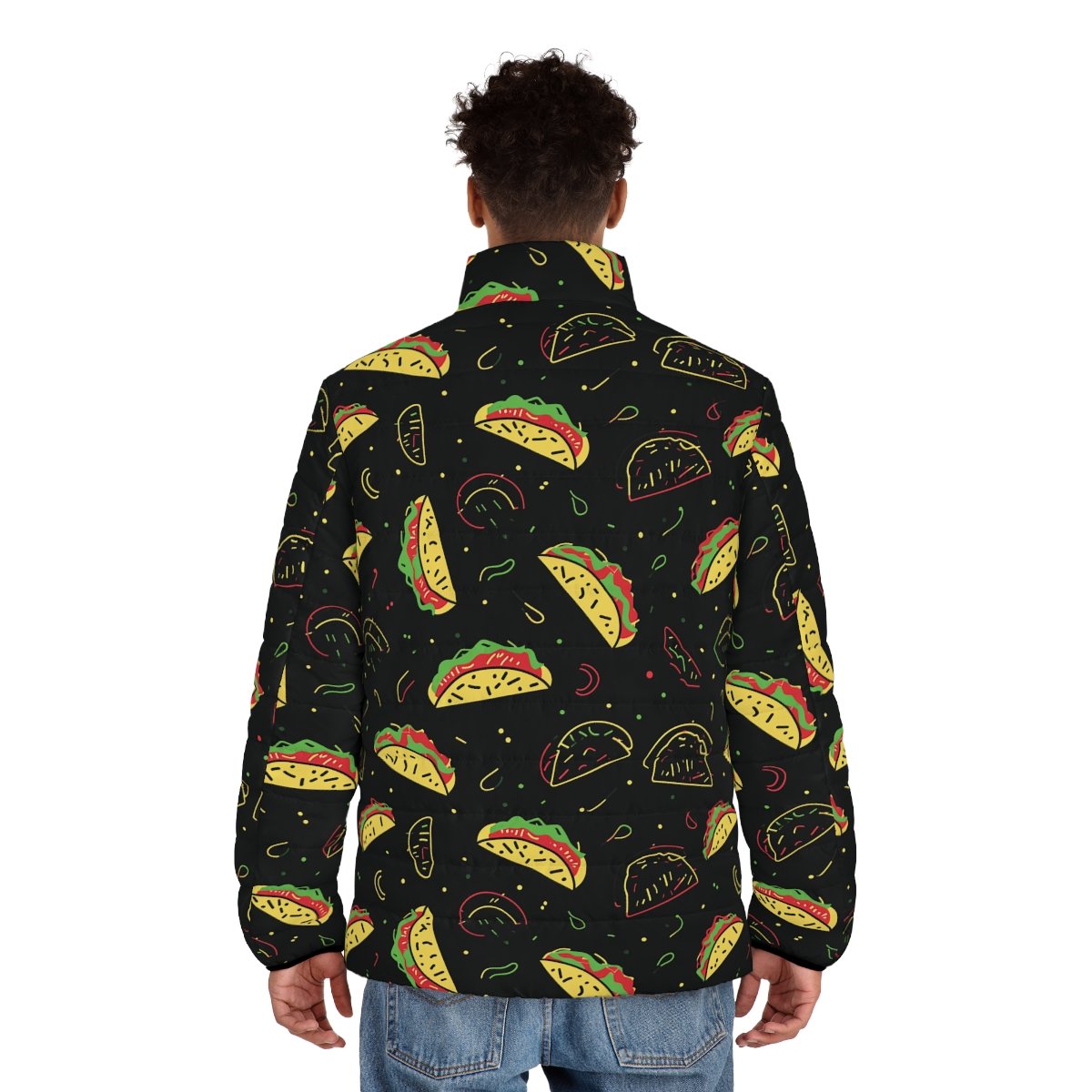 Neon Taco Doodles - Red Green Yellow on Black - Men's Puffer Jacket (AOP)
