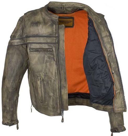 Men's Leather Motorcycle Jacket With Concealed Carry Pockets - Distressed Brown - MJ796-12-DL