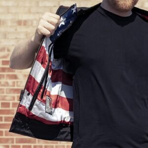 Leather Motorcycle Vest - Men's - USA Flag - Black Stitching - Up To Size 5XL - USA Flag Lining - FIM683CDM-FM