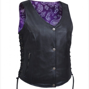 Leather Motorcycle Vest - Women's - Purple Paisley Lining - Side Laces - 6890-17-UN