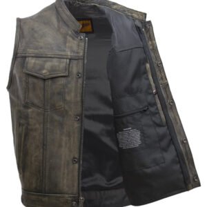 Leather Motorcycle Vest - Men's - Distressed Brown - Club - MV320-ZIP-12-DL