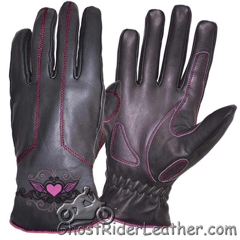 Women's Full Finger Leather Motorcycle Riding Gloves With Hot Pink Stitching - SKU 8144.24-UN