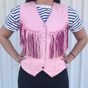 Leather Motorcycle Vest - Women's - Pink - Fringe - AL2322-AL