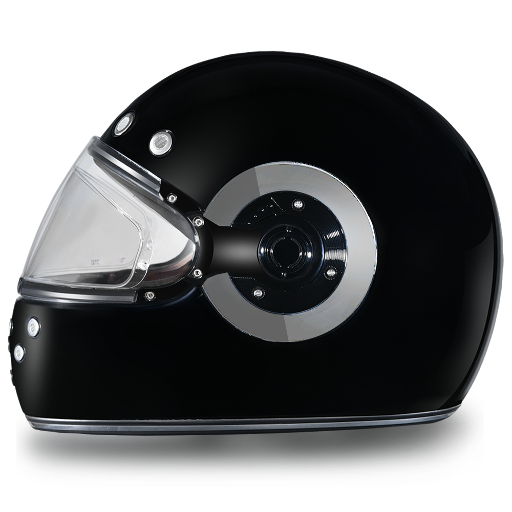 DOT Motorcycle Helmet - Retro Hi Gloss Black - Full Face - Chrome Accents - R1-A-DH