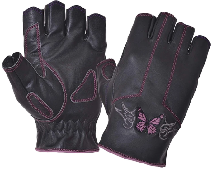 Women's Fingerless Leather Motorcycle Gloves - Pink Butterfly Design - 8363-24-UN