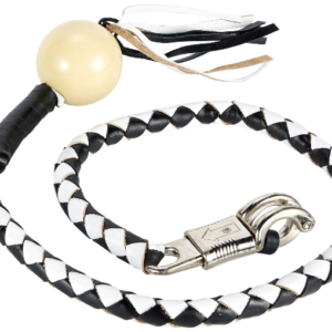 Get Back Whip - Black and White Leather - With White Cue Ball - 42 Inches - Motorcycle Accessories - SKU GBW7-BB-DL