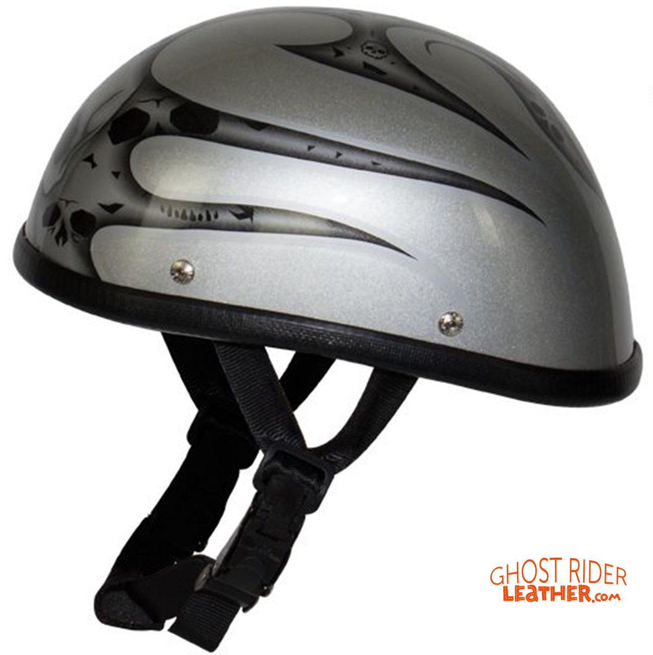 Novelty Motorcycle Helmet - Silver Skulls - Silver Flames - H401-D4-SILVER-DL