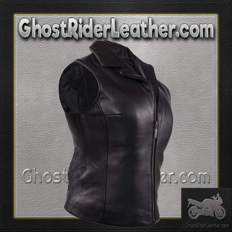 Classic Style Women's Leather Vest with Zipper Front Closure - SKU LV444-DL