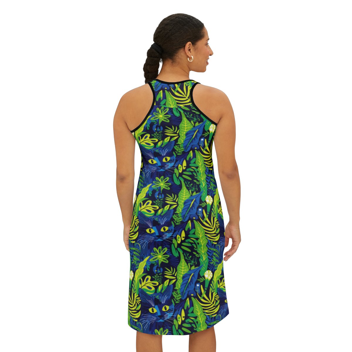 Cat Hiding in the Plants - Blues Greens Yellow - Multi Color - Women's Racerback Dress