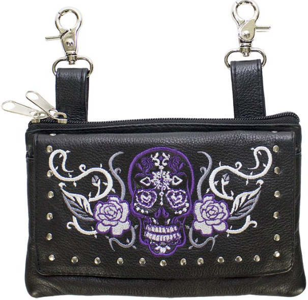 Leather Belt Bag - Purple - Sugar Skull Roses - Handbag - BAG35-EBL14-PURP-DL