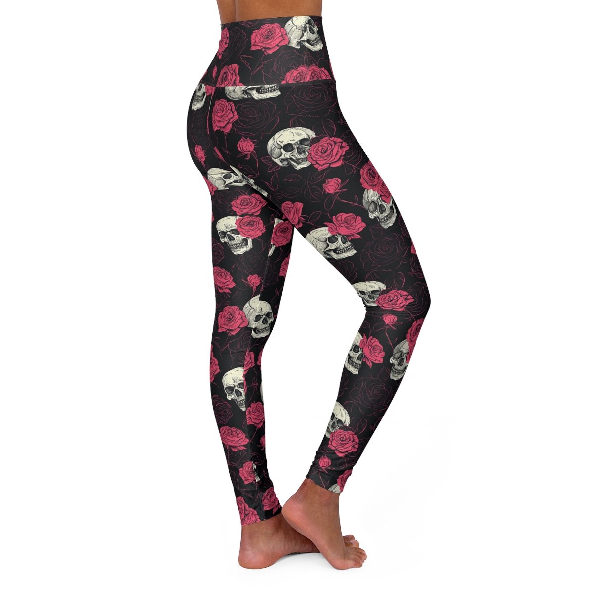 Skulls and Roses Doodles - Pink White on Black - High Waisted Yoga Leggings (AOP)